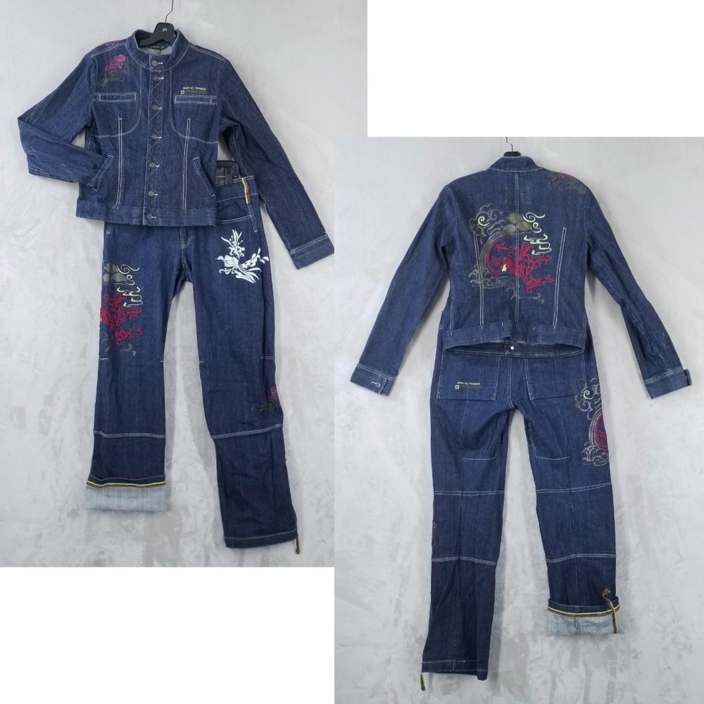 Vtg Marithe‎ Francois Girbaud Denim Set Women L Jeans Jacket Embroidered Painted